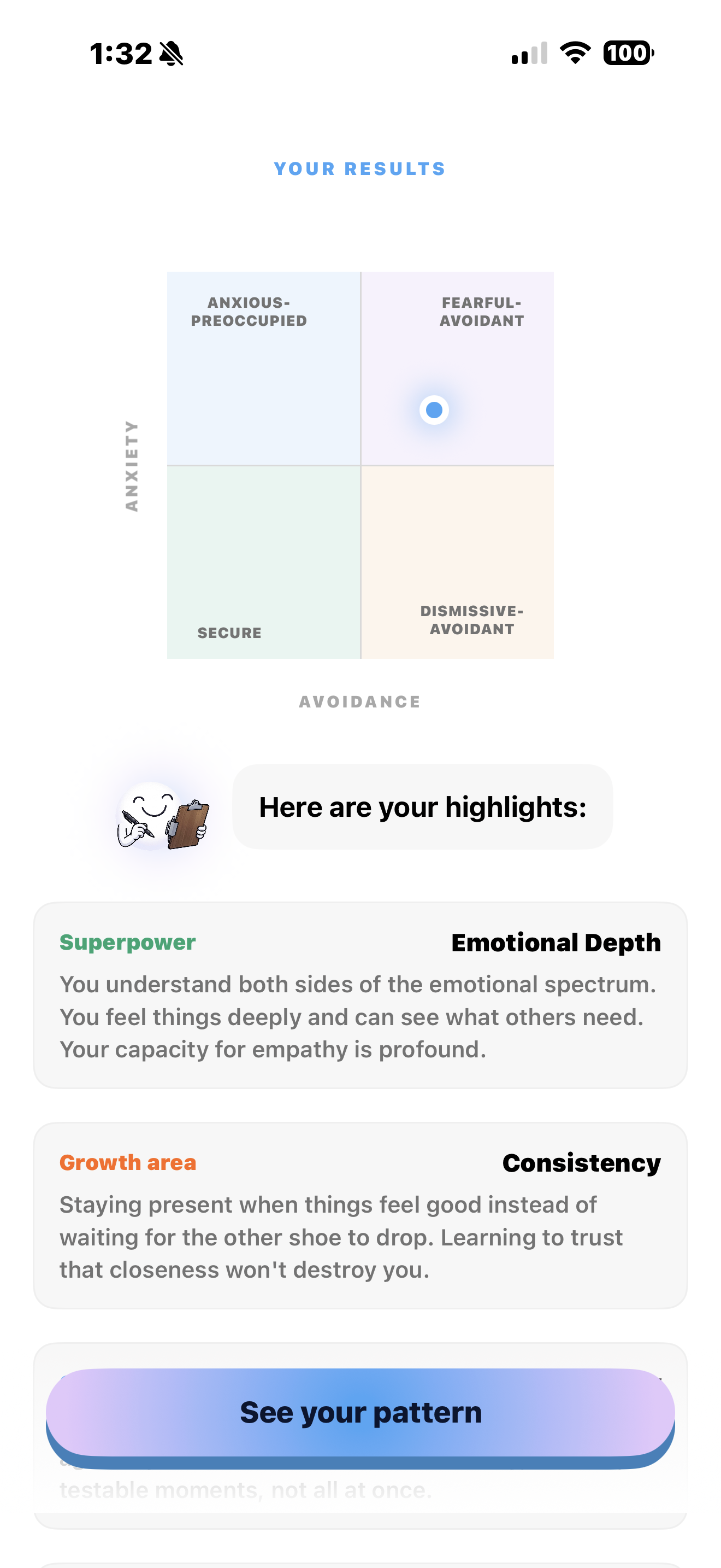 Secure app screen showing your attachment style results on a four-quadrant map.