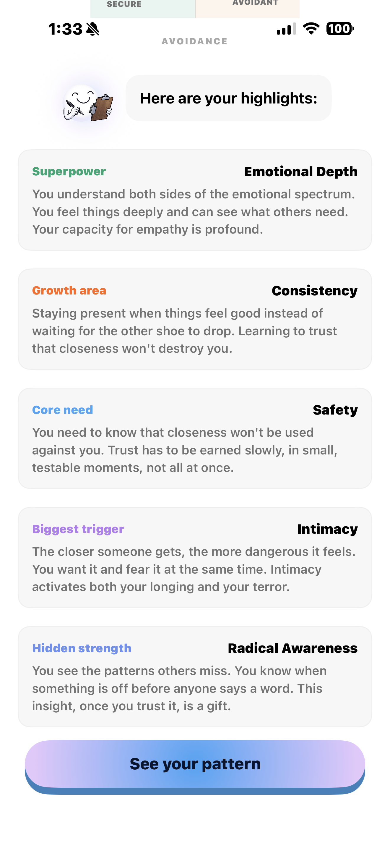 Secure app screen showing your relationship strengths and growth areas.