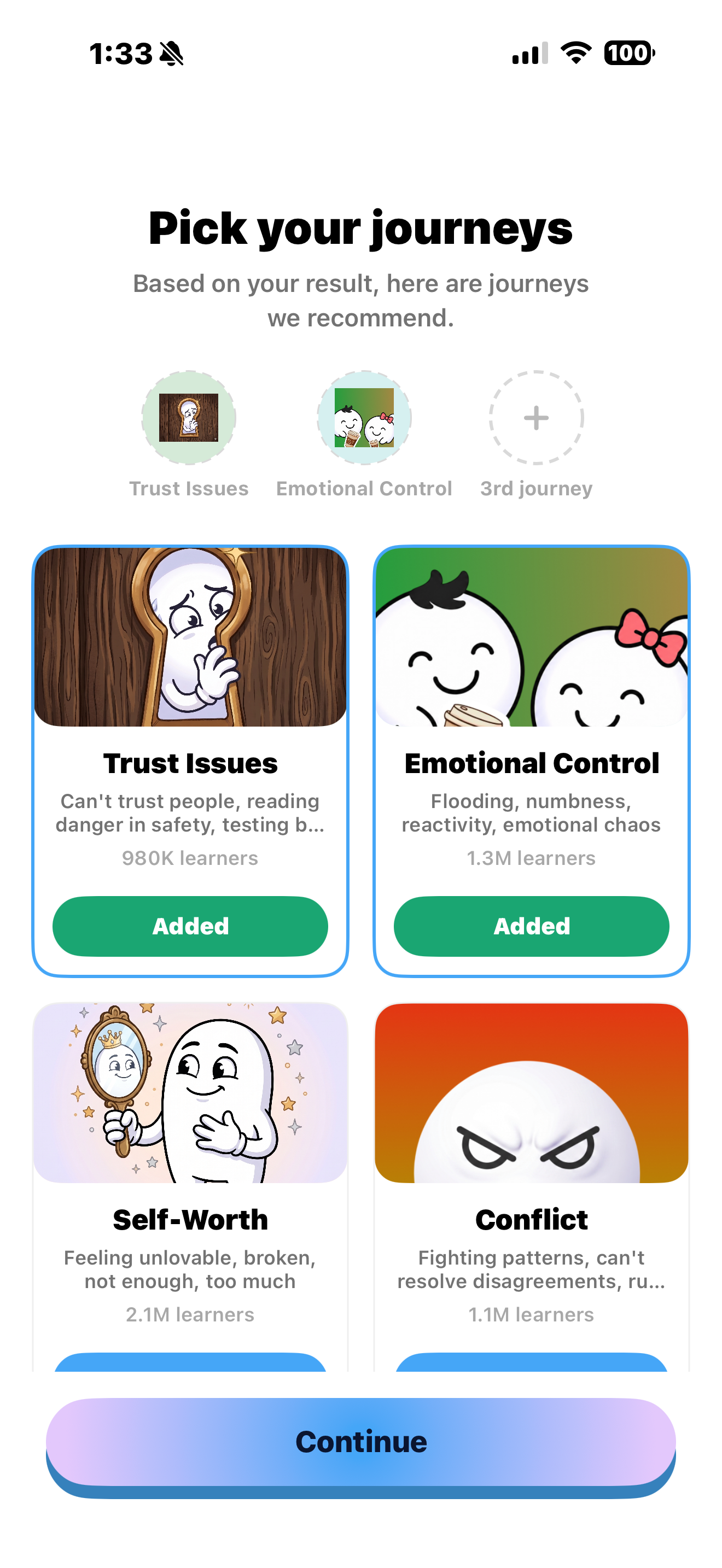 Secure app screen showing recommended journeys to choose from.